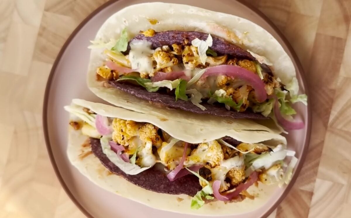 1 of the 3 vegan tacos for summer - buffalo cauliflower double shell taco