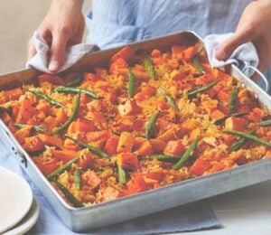 a coconut and squash traybake with green beans