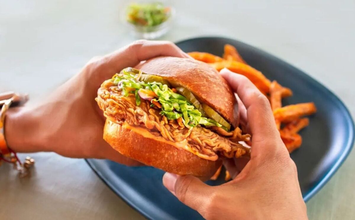 Photo shows someone holding a chicken burger made with cultivated meat from UPSIDE Foods