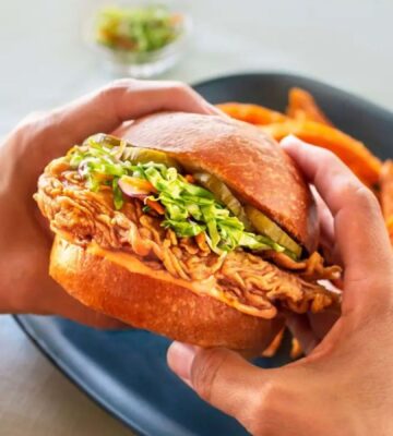 Photo shows someone holding a chicken burger made with cultivated meat from UPSIDE Foods