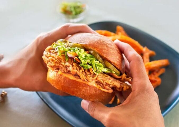 Photo shows someone holding a chicken burger made with cultivated meat from UPSIDE Foods