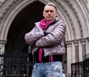 Photo shows Ecotricity founder Dale Vince outside of London's Royal Courts of Justice