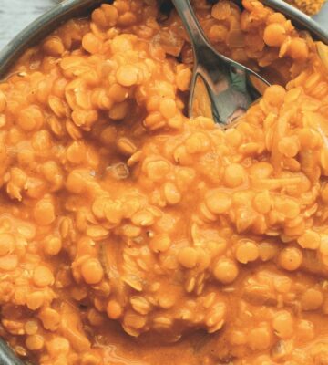 a bowl of plant-based easy red lentil dhal
