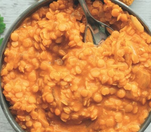 a bowl of plant-based easy red lentil dhal