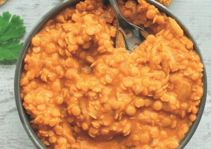 a bowl of plant-based easy red lentil dhal