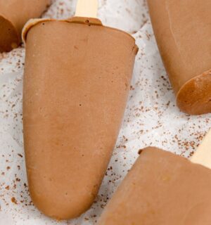 homemade vegan fudgesicles made with cocoa powder, nut butter, plant-based milk, and coconut sugar