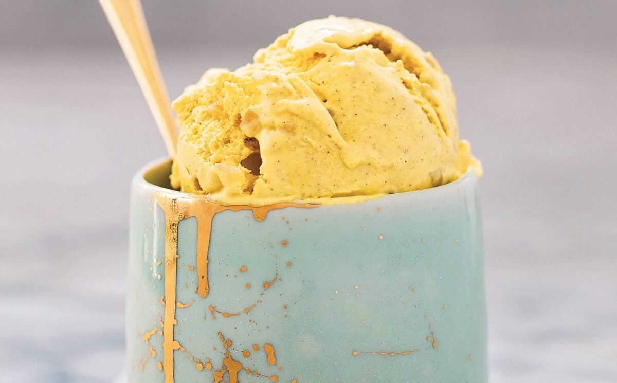 golden milk ice cream that is vegan with ginger and turmeric