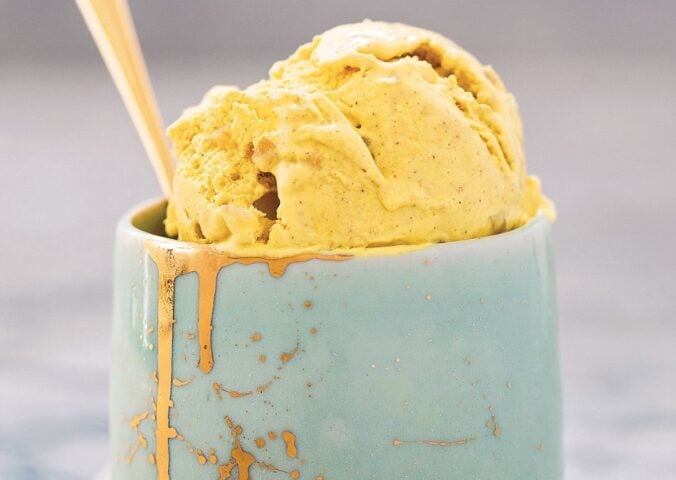 golden milk ice cream that is vegan with ginger and turmeric