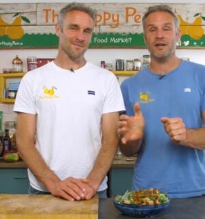 The Happy Pear showing how to make the vegan kale caesar salad recipe