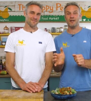 The Happy Pear showing how to make the vegan kale caesar salad recipe