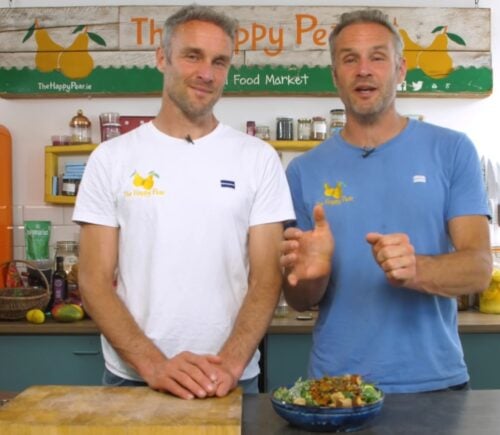 The Happy Pear showing how to make the vegan kale caesar salad recipe