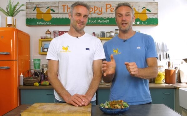 The Happy Pear showing how to make the vegan kale caesar salad recipe