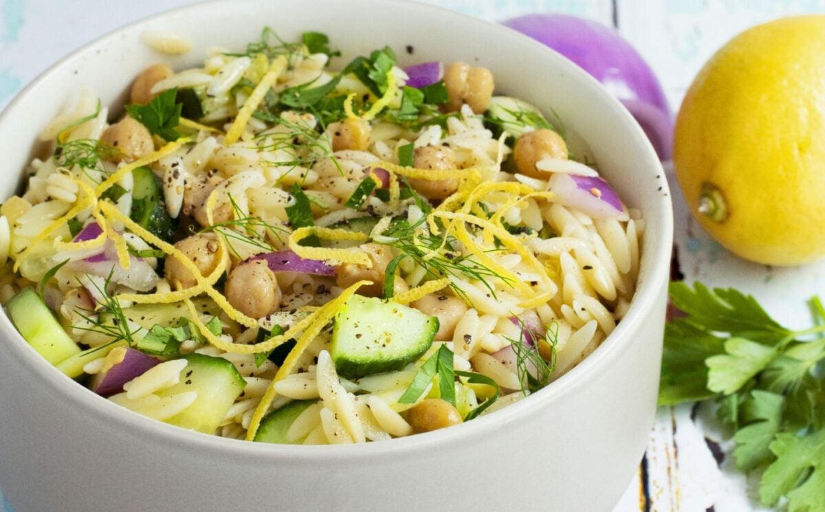 herby chickpea and orzo salad with lemon and cucumber