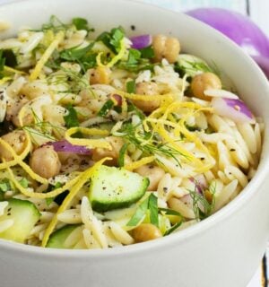 herby chickpea and orzo salad with lemon and cucumber