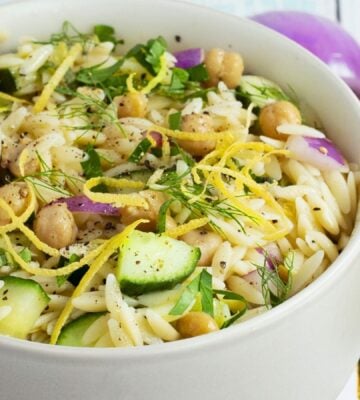 herby chickpea and orzo salad with lemon and cucumber