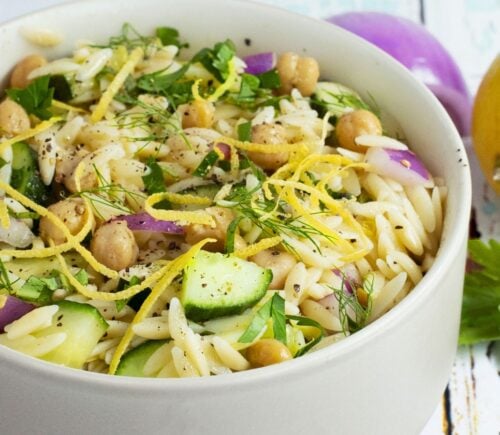 herby chickpea and orzo salad with lemon and cucumber
