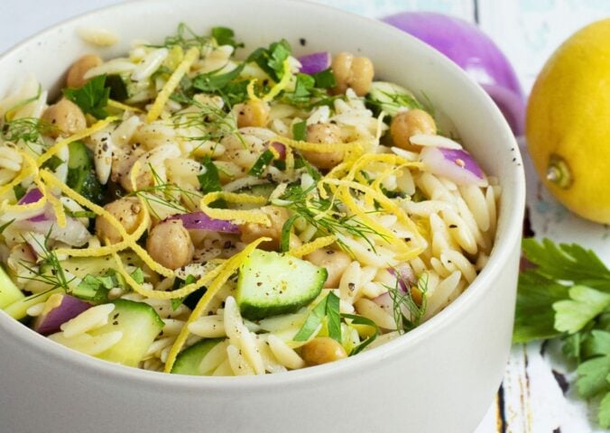 herby chickpea and orzo salad with lemon and cucumber