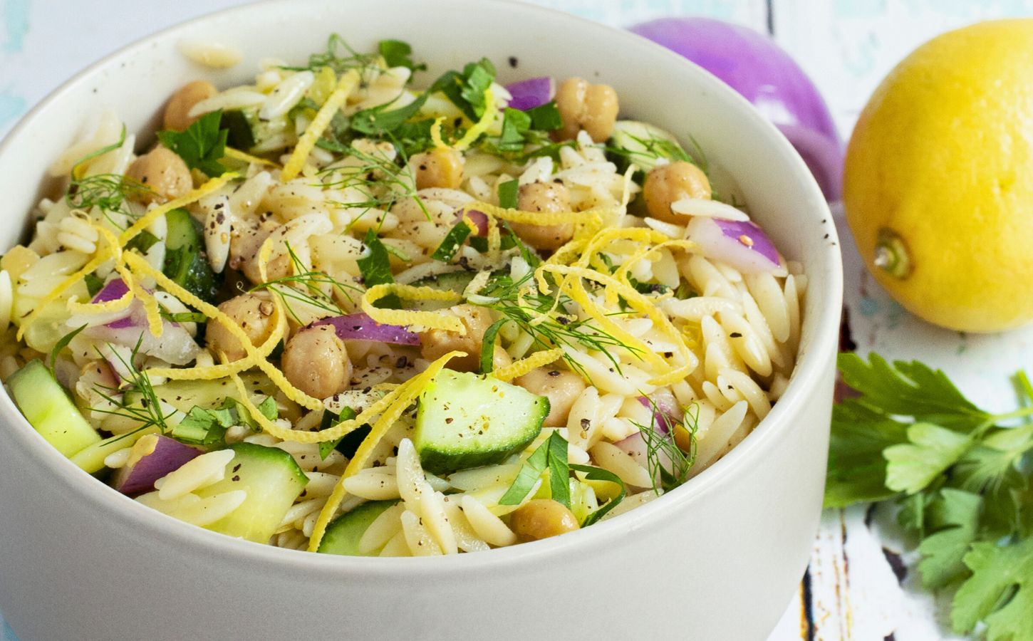herby chickpea and orzo salad with lemon and cucumber