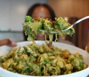 Shakayla Felice eating an iron-rich vegan meal consisting of pesto pasta