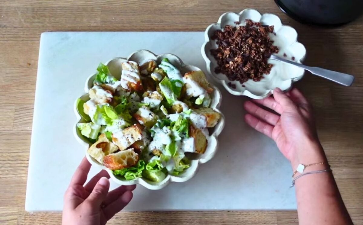 seitan caesar salad with yogurt bowl for high-protein vegan meals