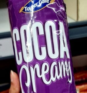 Photo shows someone holding up a pack of Lidl's new "Cocoa Creamy" vegan biscuits