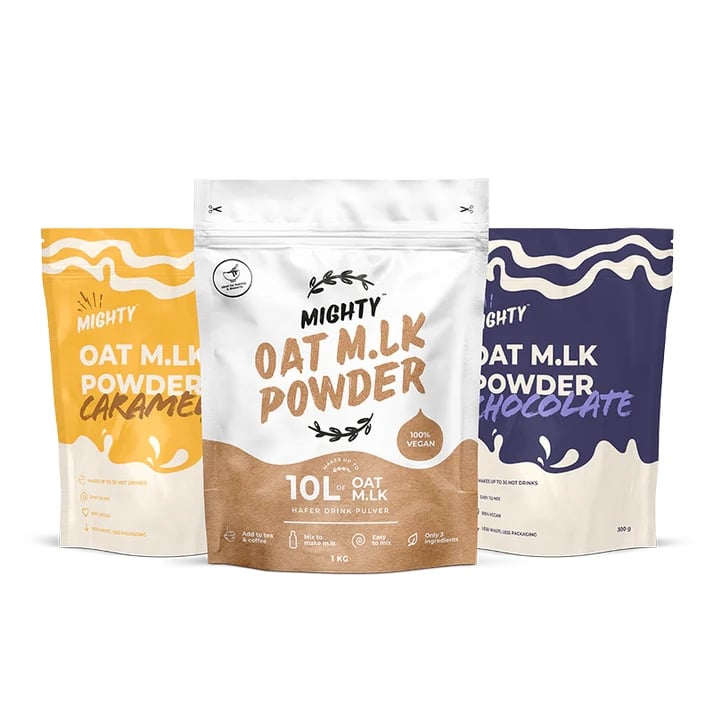 A selection of dairy-free milk powders from Mighty Drinks