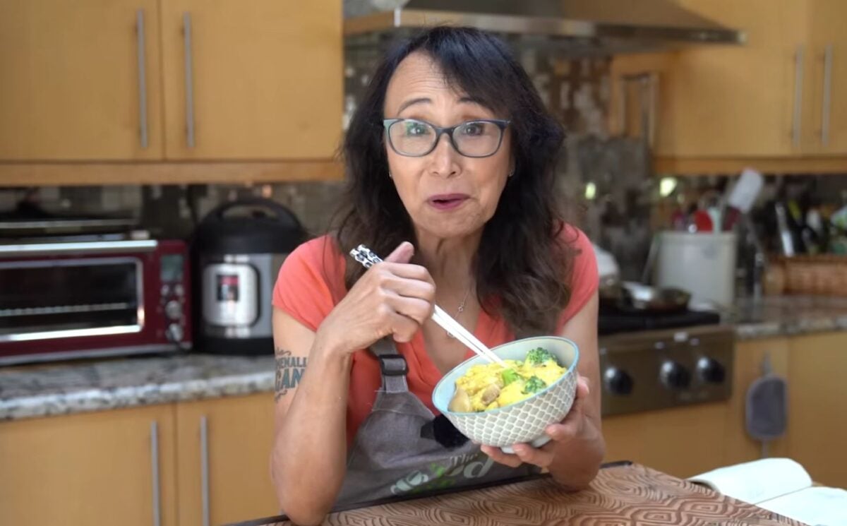 Miyoko Schinner tasting her vegan oyako donburi