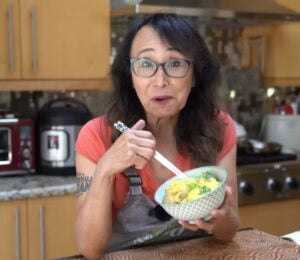 Miyoko Schinner tasting her vegan oyako donburi