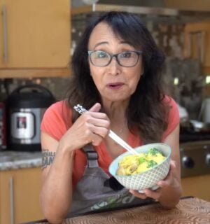 Miyoko Schinner tasting her vegan oyako donburi