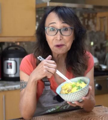 Miyoko Schinner tasting her vegan oyako donburi