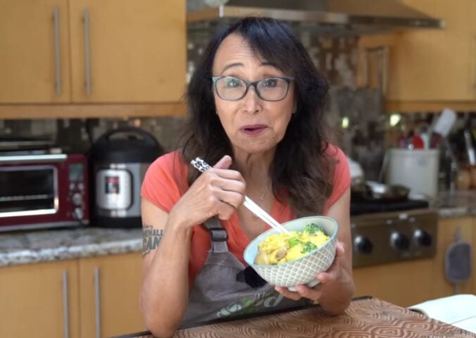 Miyoko Schinner tasting her vegan oyako donburi