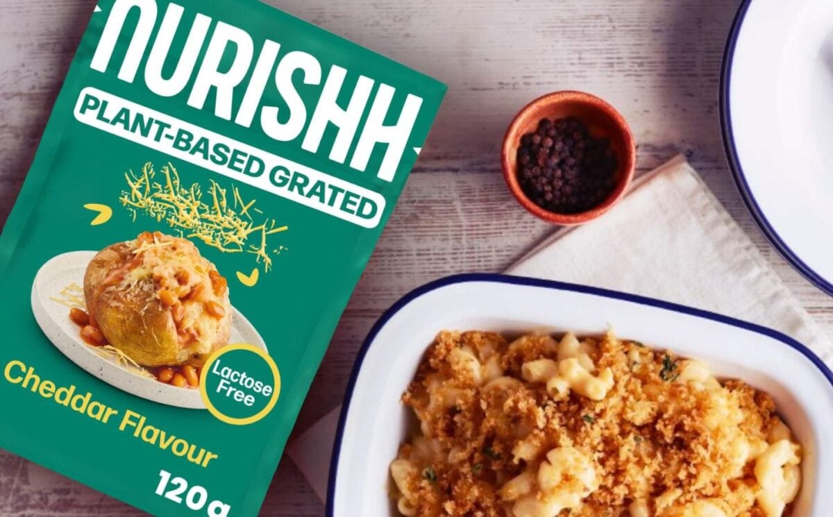 Nurishh vegan cheese next to a plant-based mac and cheese