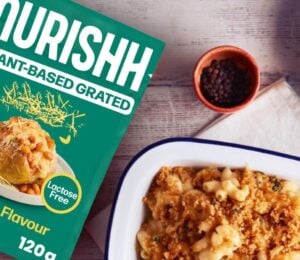 Nurishh vegan cheese next to a plant-based mac and cheese