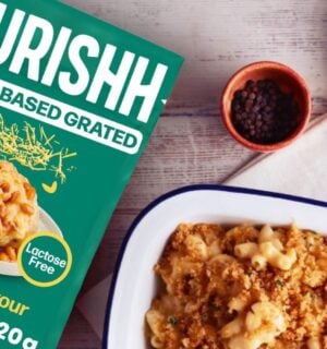 Nurishh vegan cheese next to a plant-based mac and cheese