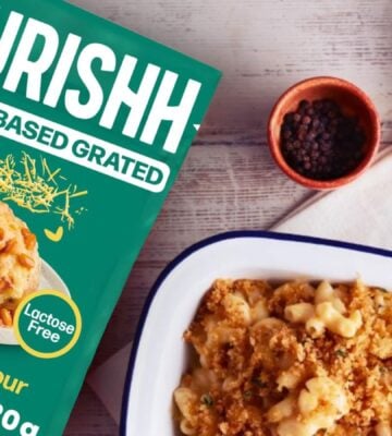 Nurishh vegan cheese next to a plant-based mac and cheese