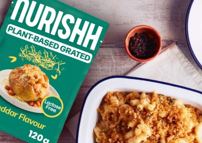 Nurishh vegan cheese next to a plant-based mac and cheese