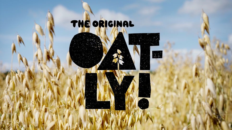 Photo shows text reading "The original OATLY!" over a photo of oats growing