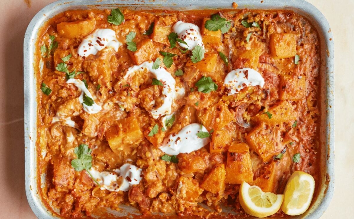 Oven-roasted squash and tomato dhal with coconut milk and ginger