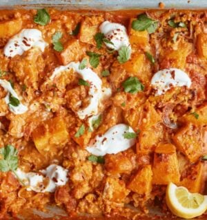 Oven-roasted squash and tomato dhal with coconut milk and ginger