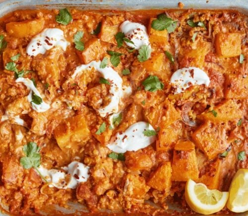 Oven-roasted squash and tomato dhal with coconut milk and ginger