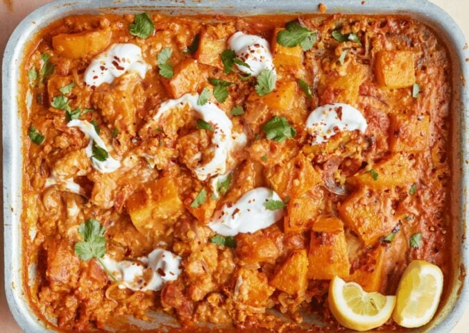 Oven-roasted squash and tomato dhal with coconut milk and ginger
