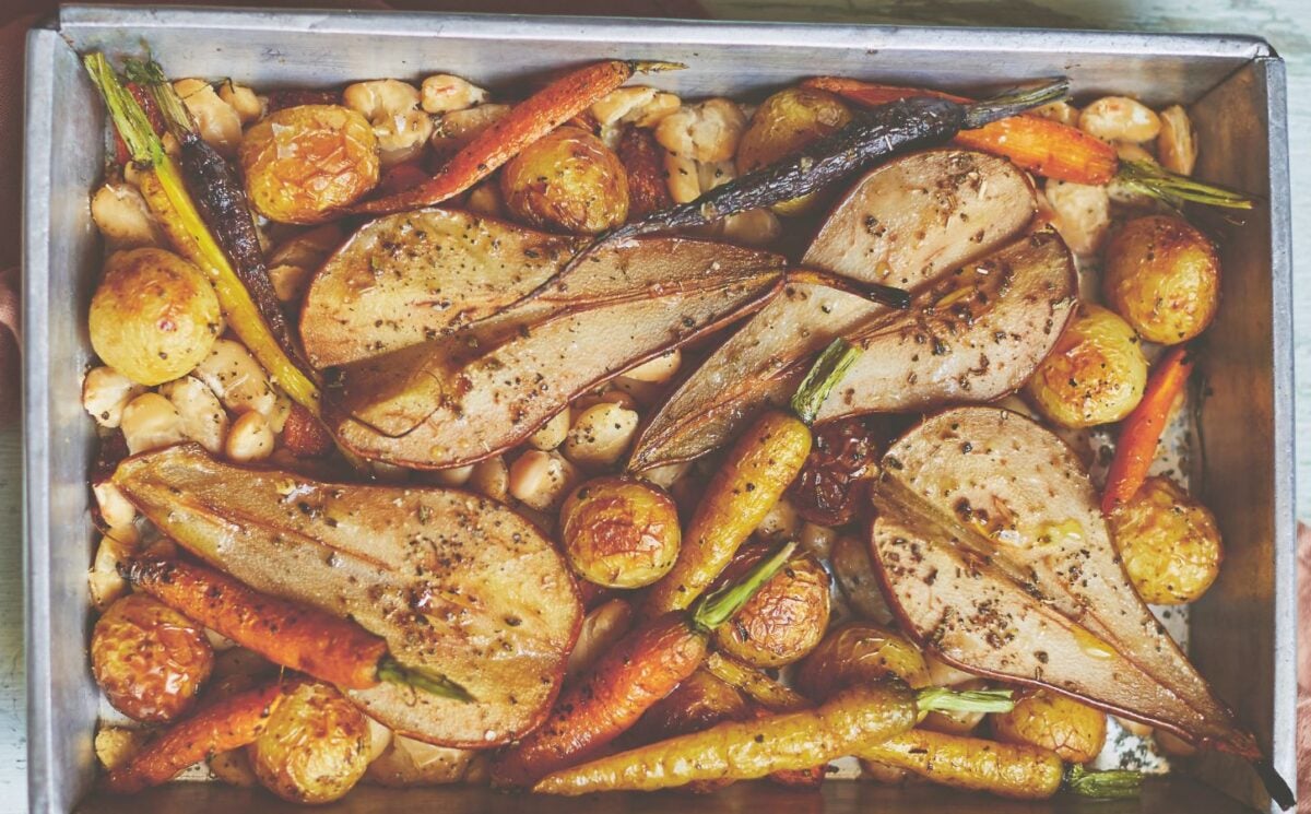 pear and butter bean traybake with new potatoes