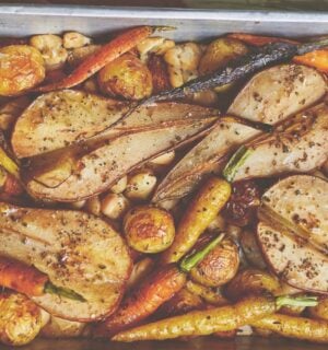 pear and butter bean traybake with new potatoes