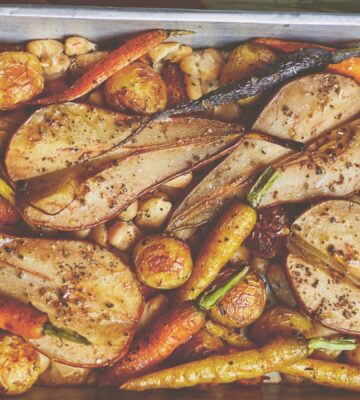 pear and butter bean traybake with new potatoes