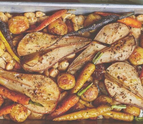 pear and butter bean traybake with new potatoes