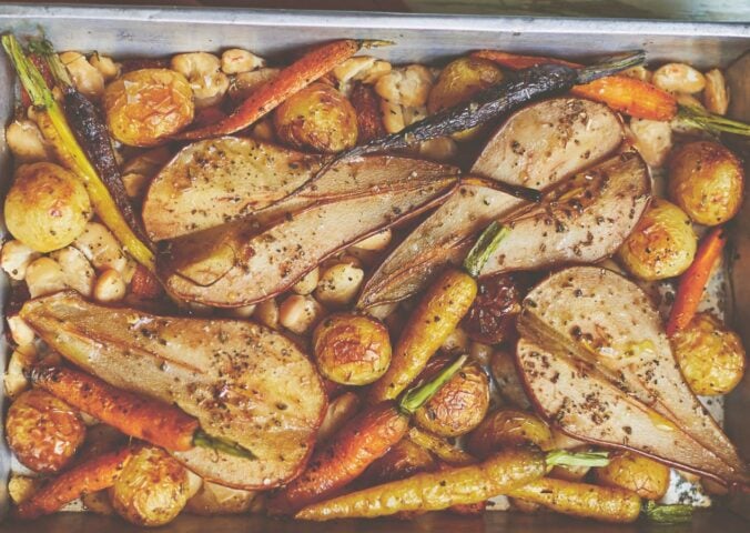 pear and butter bean traybake with new potatoes