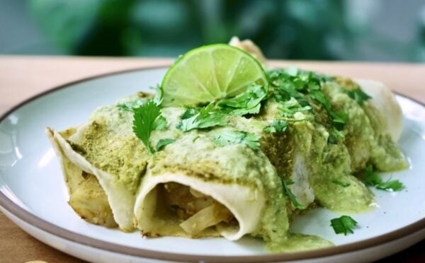 easy vegan enchiladas with potato, cabbage and beans