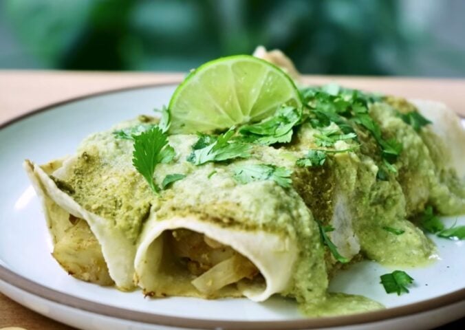 easy vegan enchiladas with potato, cabbage and beans