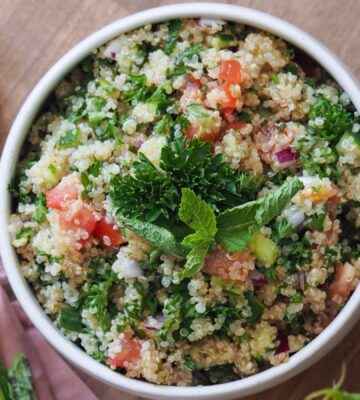 quinoa tabouli with cucumber, tomato and parsley