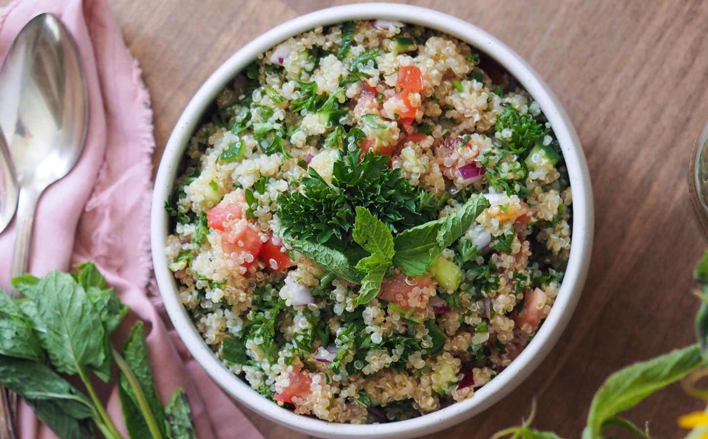 quinoa tabouli with cucumber, tomato and parsley